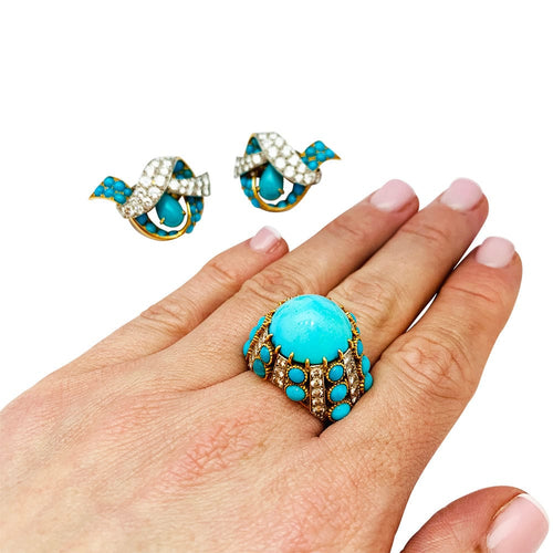 Boucles d'oreilles Parure Cartier Paris, turquoises et diamants. 58 Facettes 30646/30347
