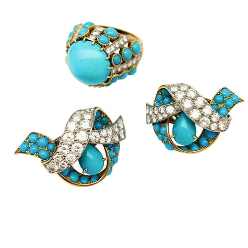 Boucles d'oreilles Parure Cartier Paris, turquoises et diamants. 58 Facettes 30646/30347