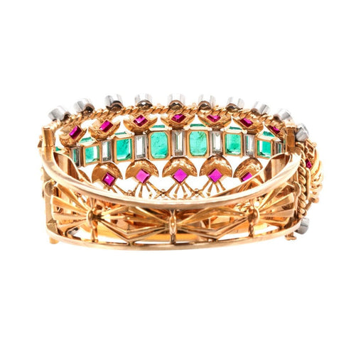 Bracelet Bracelet 1940 Or Jaune, Emeraudes de Colombie, Diamants et Rubis 58 Facettes 62800060
