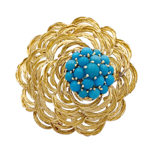 Broche Clip vintage Cartier, or jaune et turquoises. 58 Facettes 33462