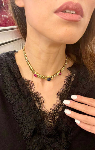 Collier Bulgari 1970' Collier à maillons gourmette en diamant rubis et saphir 58 Facettes