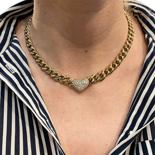 Collier Collier maille gourmette, coeur pavé diamants. 58 Facettes 30973