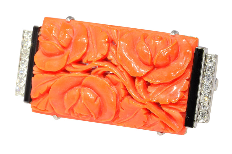 Broche Broche Art Déco Diamants Onyx Corail Sanguin 58 Facettes 23277-0093