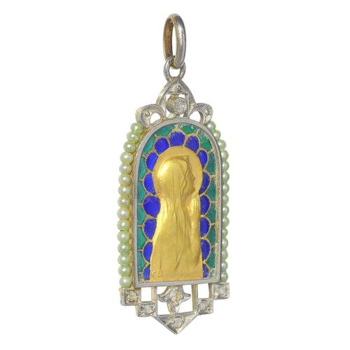 Pendentif Médaille Marie vintage Diamants et émail plique-à-jour 58 Facettes 23191-0420