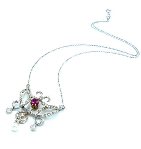 Collier Pendentif Négligé Belle Epoque or, platine, rubis et diamants 58 Facettes