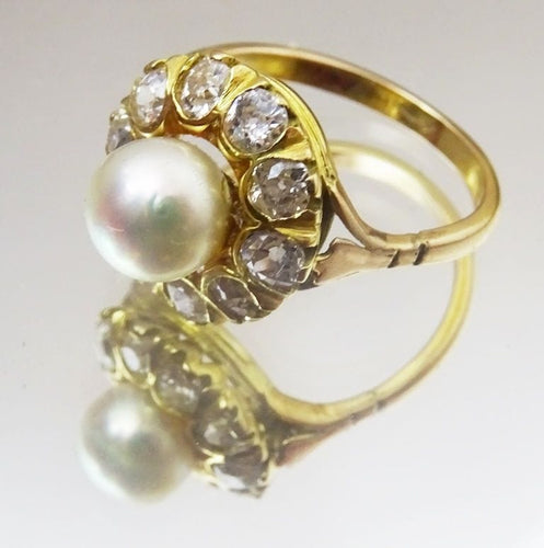 Bague 55 Vintage 14 karat Gold Cluster Ring, Pearl and old European cut Diamonds 58 Facettes
