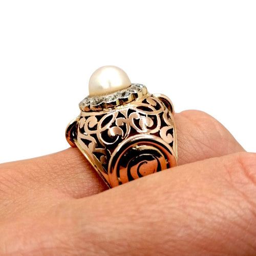 Bague 61 Bague or jaune perle et diamants 58 Facettes 2549