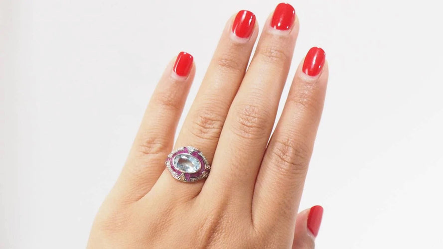 Bague Bague Art Déco or blanc et argent, aigue marine, rubis et diamants 58 Facettes 31442