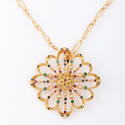 Pendentif Pendentif et broche or jaune du créateur grec Lalaounis ornée de pierres précieuses 58 Facettes