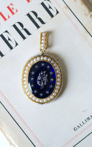 Pendentif Médaillon ouvrant Or jaune Argent Email Diamants Perles 58 Facettes