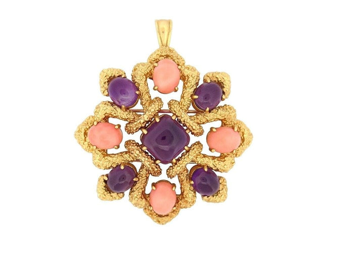 Broche broche pendentif VAN CLEEF & ARPELS delphes 1975 or cabochons corail & amethyste 58 Facettes 257359