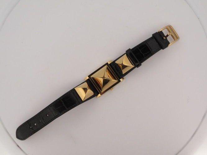 Montre vintage montre HERMES medor 23 mm plaque or et cuir croco quartz 58 Facettes 254544