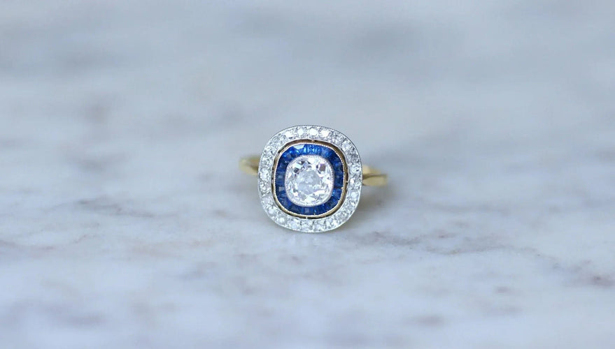 Bague 53 Bague Art Déco Or jaune Platine Diamants Saphirs 58 Facettes