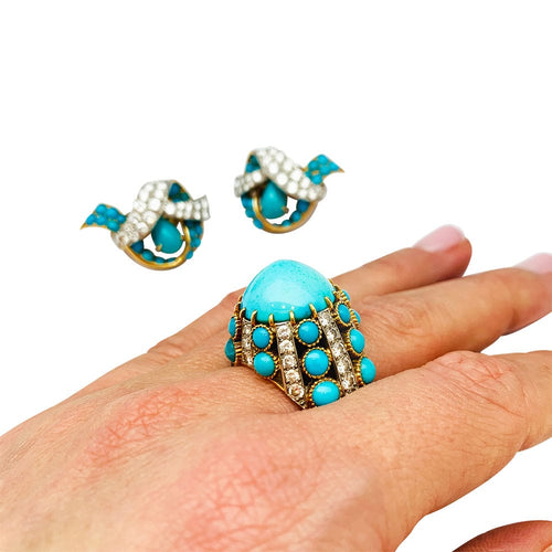 Boucles d'oreilles Parure Cartier Paris, turquoises et diamants. 58 Facettes 30646/30347