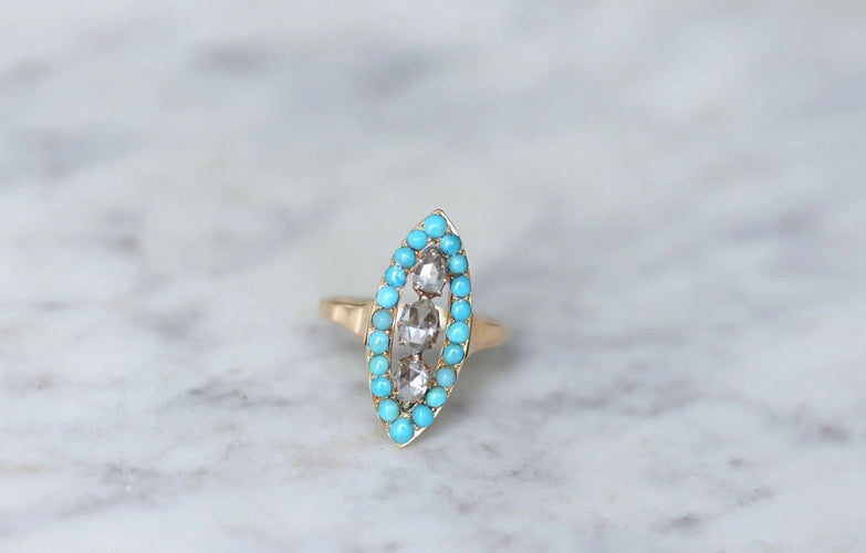 Bague Bague marquise turquoises et diamants 58 Facettes