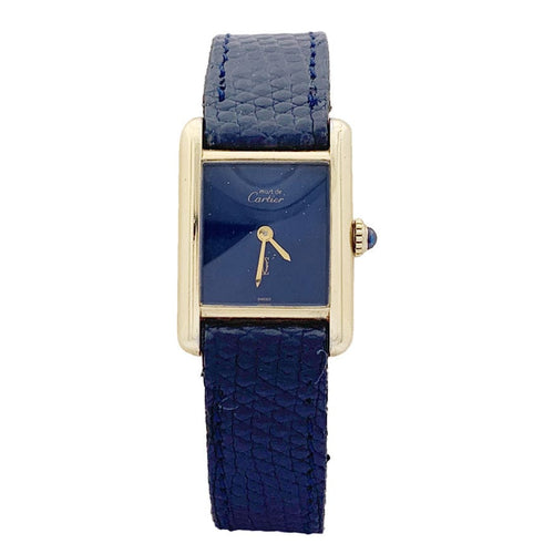 Montre Montre Cartier "Tank Must" argent plaqué or, cadran laqué bleu. 58 Facettes 33539