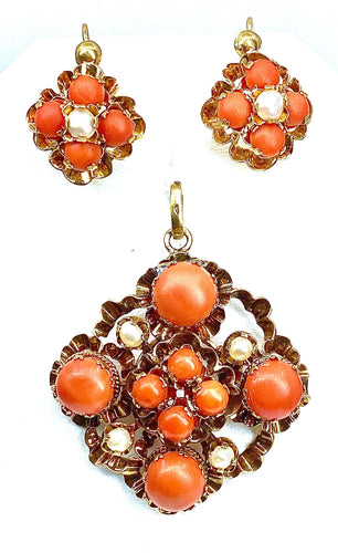 Boucles d'oreilles Parure Napoléon III - pendentif et boucles d’oreilles or, jaune, corail et perles fines 58 Facettes AB185