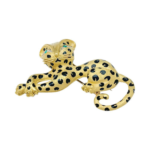 Broche Broche Fred "Léopard" en or jaune, diamants, émail et émeraudes. 58 Facettes 32381