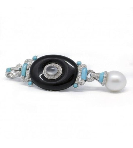 Pendentif Longueur : 8.2 cm / Blanc/Gris / Or 750 Pendentif perles turquoises onyx et diamants 58 Facettes 140063SP