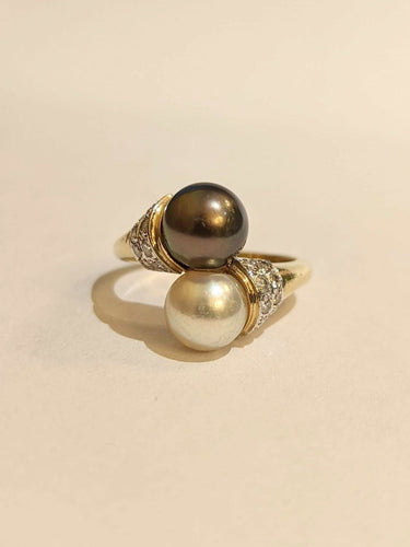 Bague Bague toi & moi en or perles et diamants 58 Facettes