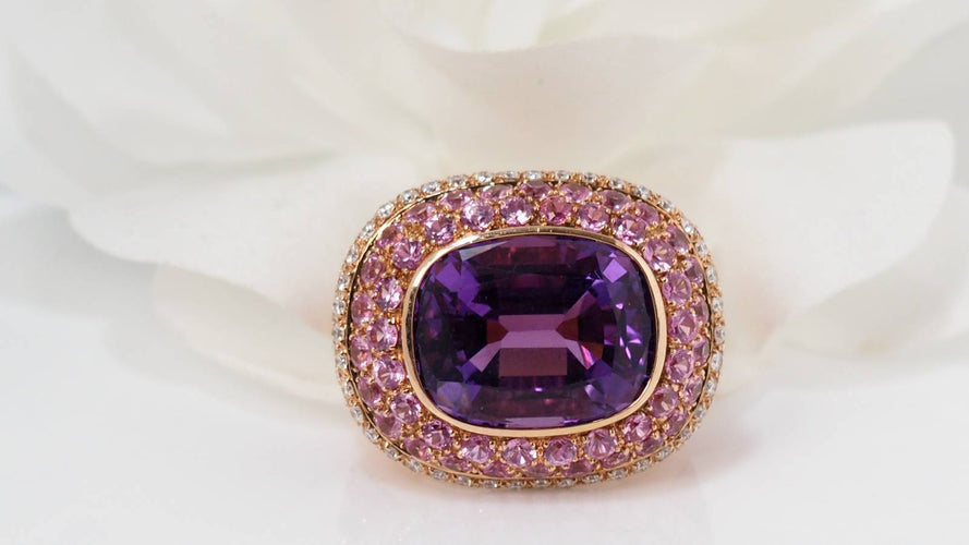 Bague Bague or jaune améthyste diamants tourmalines roses 58 Facettes 31045