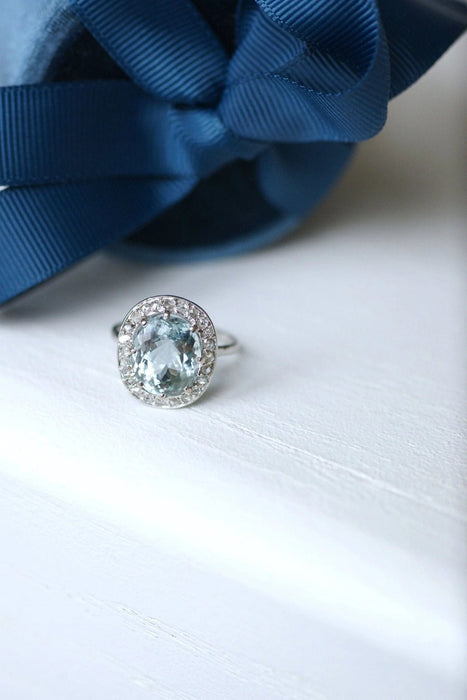 Bague Bague marguerite ancienne aigue-marine, diamants 58 Facettes