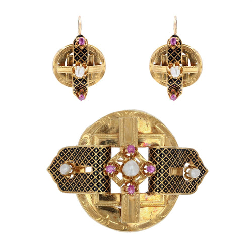 Boucles d'oreilles Parure ancienne Napoléon III Perles fines rubis émail noir 58 Facettes 22-553