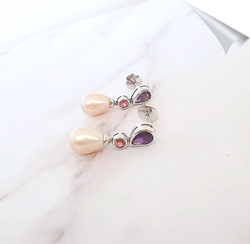 Boucles d'oreilles Pendantes perles de culture, améthystes, tourmalines 58 Facettes AA 1559