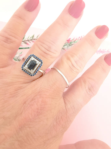 Bague 61 Bague rectangulaire à pans coupés Saphirs Diamants 58 Facettes AA 1591