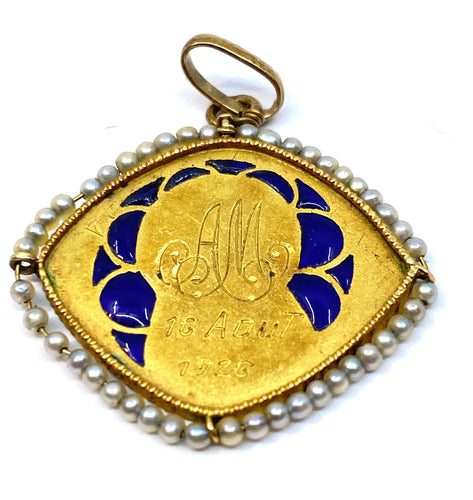 Pendentif Médaille Vierge émail perles fines 58 Facettes