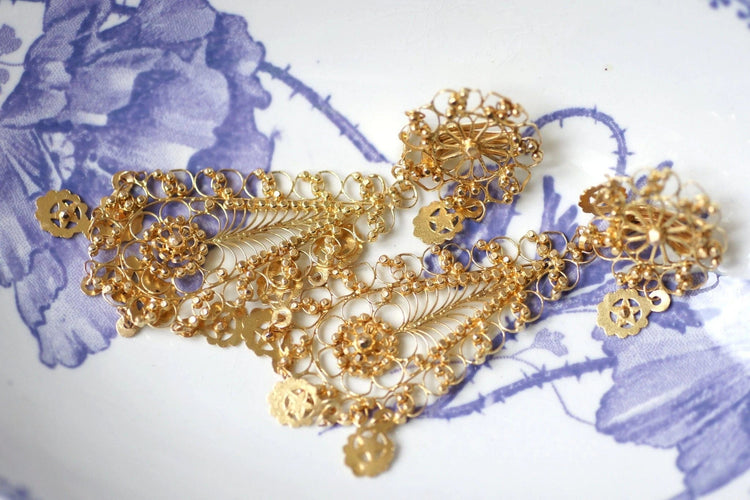 Boucles d'oreilles gouttes pendantes orientales en or jaune filigrané, vintage 58 Facettes
