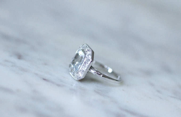 Bague 55 Bague Art Déco hexagonale aigue-marine diamants 58 Facettes