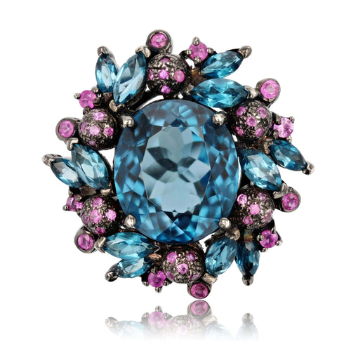 Bague 53 Bague topazes et saphirs roses en argent noirci 58 Facettes 23-297