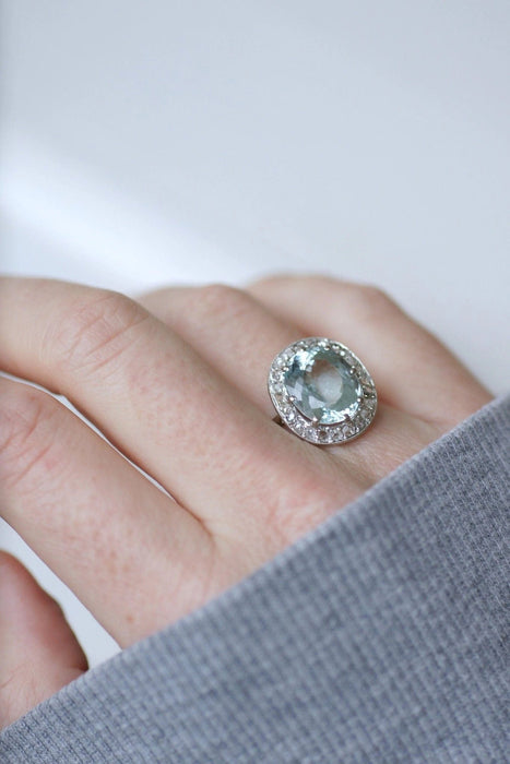 Bague Bague marguerite ancienne aigue-marine, diamants 58 Facettes