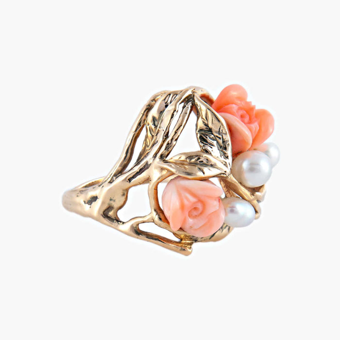 Bague Or Jaune / Corail / 54.5 BAGUE "ROSE" OR, PERLE & CORAIL 58 Facettes BO/220026/27