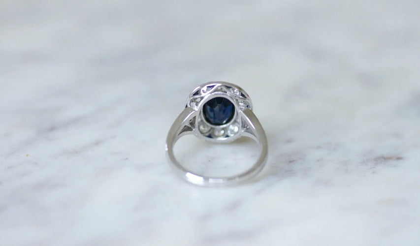 Bague 55 Bague pompadour Art Déco Or blanc Platine Saphir Diamants 58 Facettes