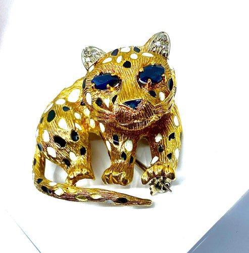 Broche Broche panthère Or Saphirs Diamants Email. 58 Facettes AB211