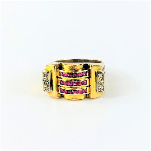 Bague 55.5 Bague Tank Or et Platine Pierres Rouges et Diamants 58 Facettes 20400000620