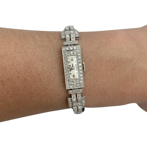 Montre Montre art déco en platine sur cordon, diamants. 58 Facettes 31306