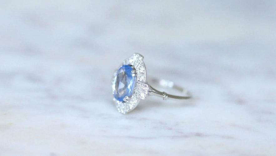 Bague 59 Bague Art Deco saphir Ceylan et diamants 58 Facettes