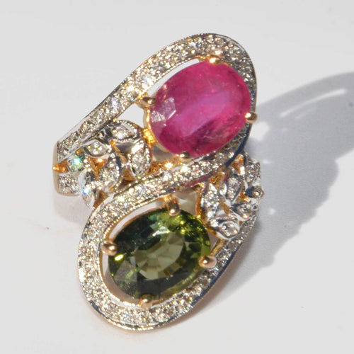 Bague Bague cocktail toi et moi ,en or jaune et gris sertie de tourmalines 58 Facettes