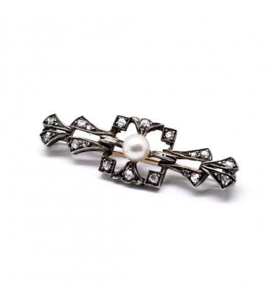 Broche 5 cm x 1.6 cm / Or 750 et Argent 925 Broche XIXème - Or. Argent. perle et diamants 58 Facettes 140400R