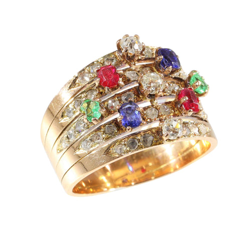 Bague 59 Une bague victorienne en pierres précieuses vieille de 140 ans - saphirs, rubis, émeraudes 58 Facettes 23360-0334