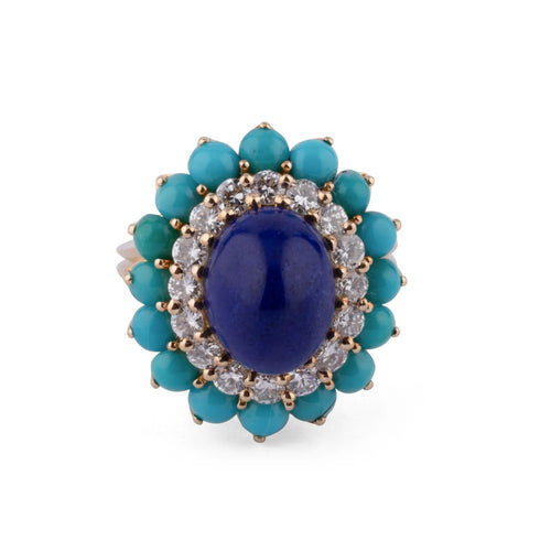 Bague Bague cocktail Boucheron Or jaune, Lapis Lazuli, Turquoises & Diamants 58 Facettes 1