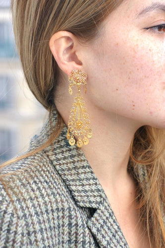 Boucles d'oreilles gouttes pendantes orientales en or jaune filigrané, vintage 58 Facettes