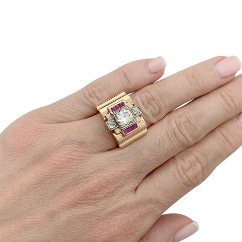 Bague 51 Bague Tank en or rose, platine, diamants et rubis. 58 Facettes 32052