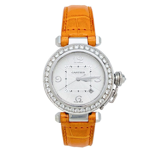 Montre Montre Cartier "Pasha" en or blanc, diamants et cuir. 58 Facettes 31381