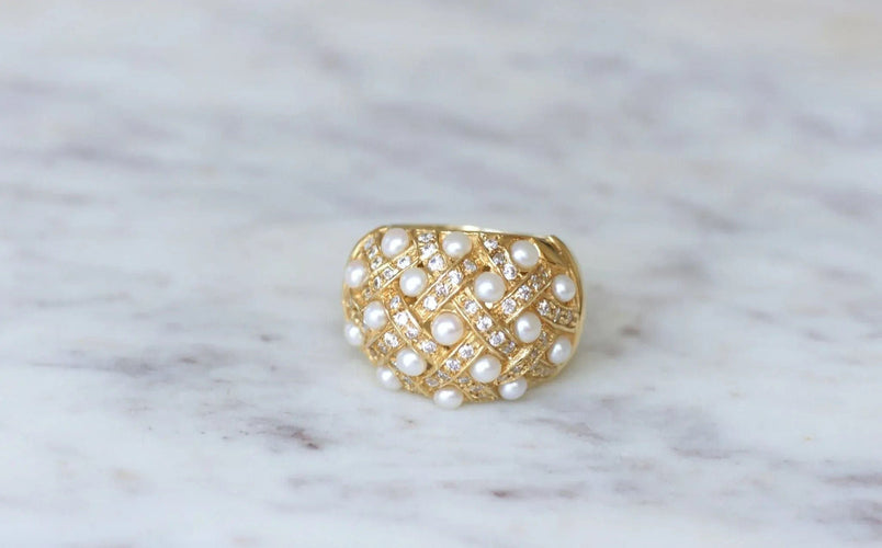 Bague Bague jonc croisillons perles et diamants 58 Facettes