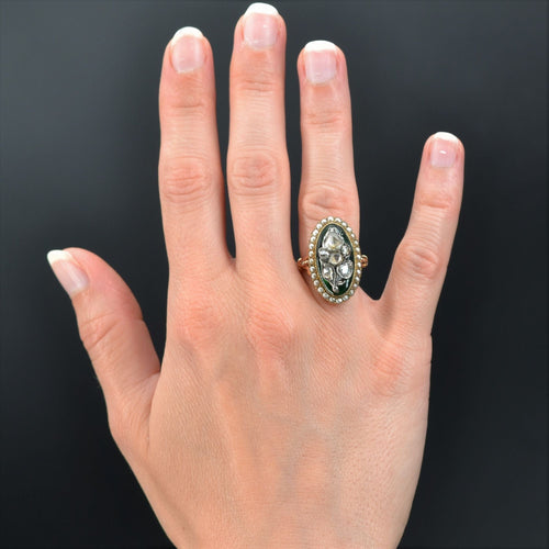 Bague 52 Bague ancienne diamants émail vert en marquise 58 Facettes 22-073