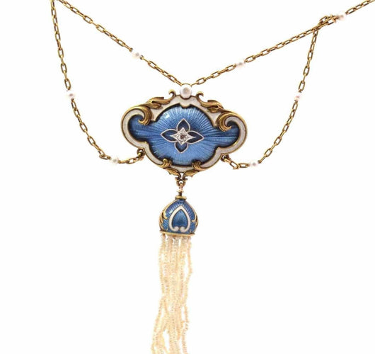 Collier Collier 19e perles fines, diamant et émail, or jaune 58 Facettes 25456